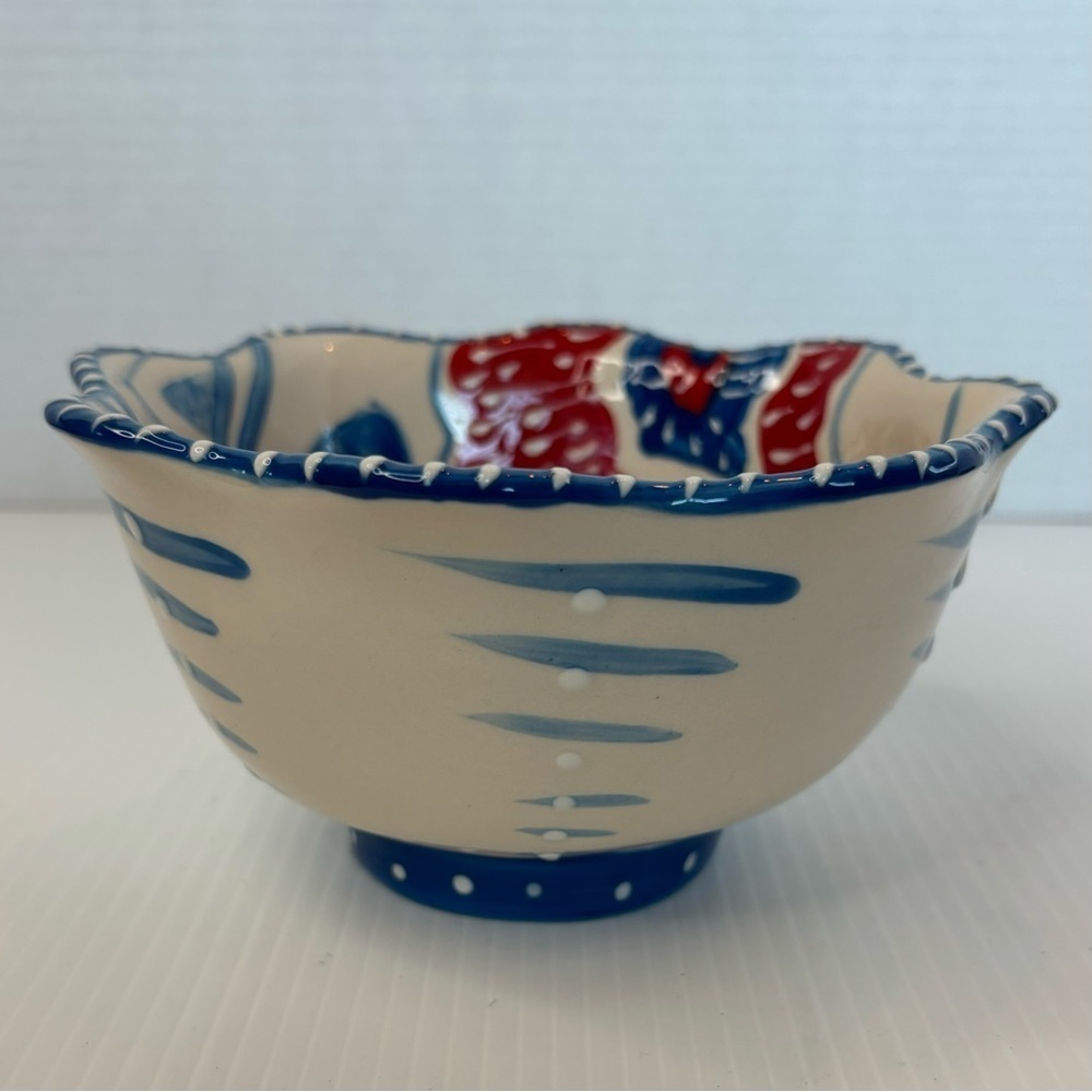 Blue Sky Ceramics Pedestal Scalloped Bowl Heather Goldminc RED BLUE FLOWERS - Picture 3 of 9